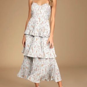 Cascading Crush Pale Blue Floral Print Tiered Bustier Midi Dress